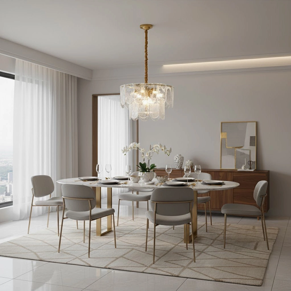 Small Nason brass chandelier in minimalist modern dining room with light gray upholstered chairs