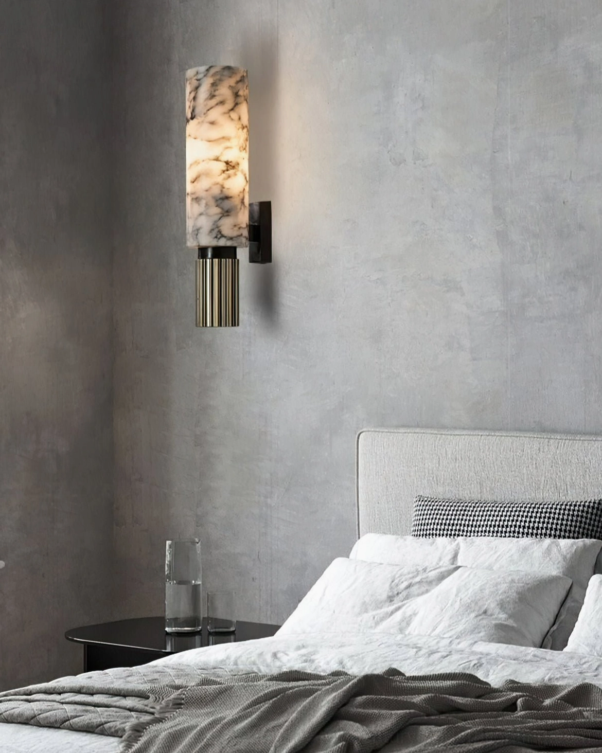 Natural alabaster marble wall lamp with cream and taupe veining, contemporary interior setting