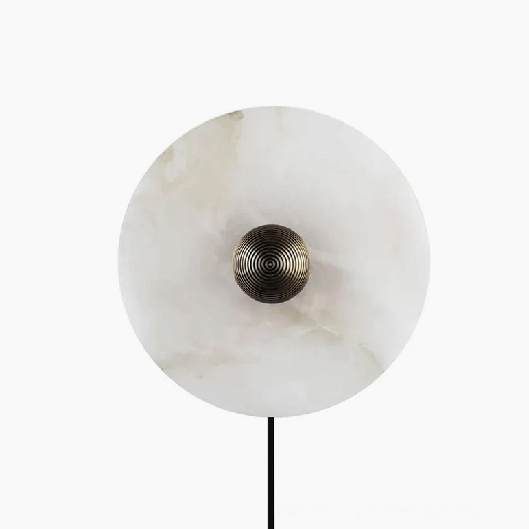 Natural alabaster disc wall lamp showing organic stone patterns and bronze metal frame detail