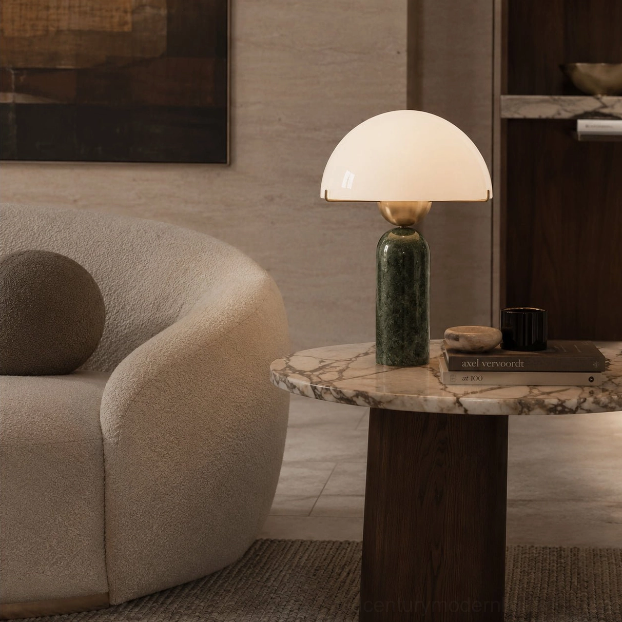 Detailed view of natural marble table lamp base showing organic mineral patterns and geological variation