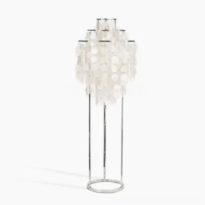 Premium mother of pearl shell floor lamp with stainless steel frame and tiered capiz shell design displayed against white background