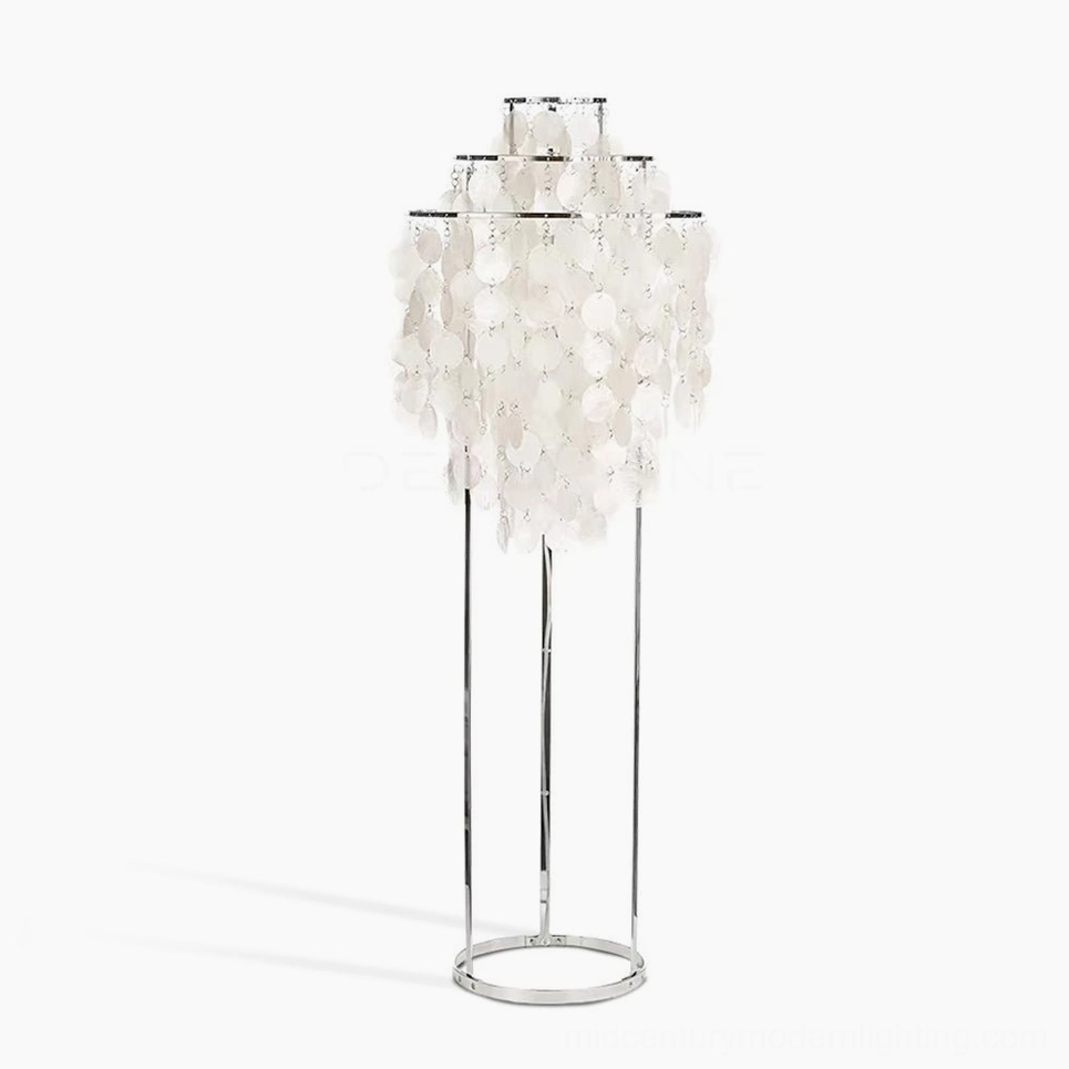 Premium mother of pearl shell floor lamp with stainless steel frame and tiered capiz shell design displayed against white background