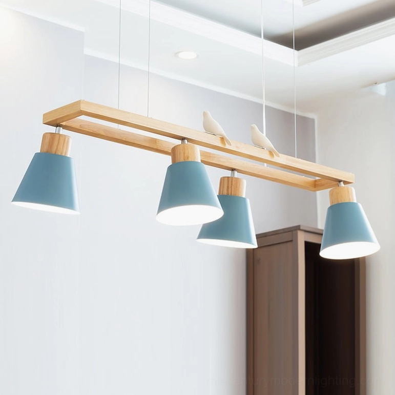 Natural wood tone cone pendant light with sculptural frame and focused illumination design