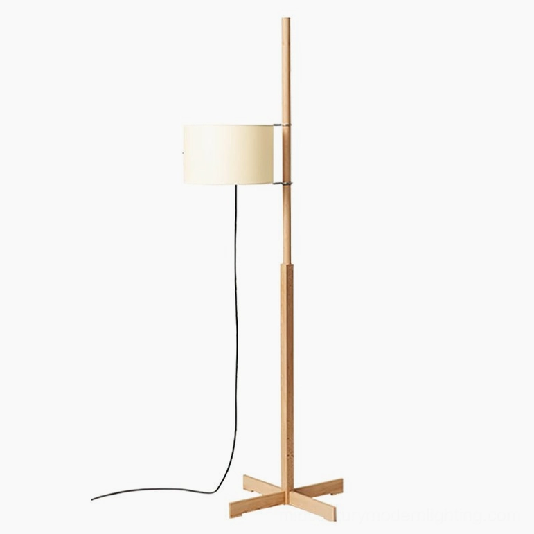 Natural wood finish floor lamp with white fabric shade and cross base construction