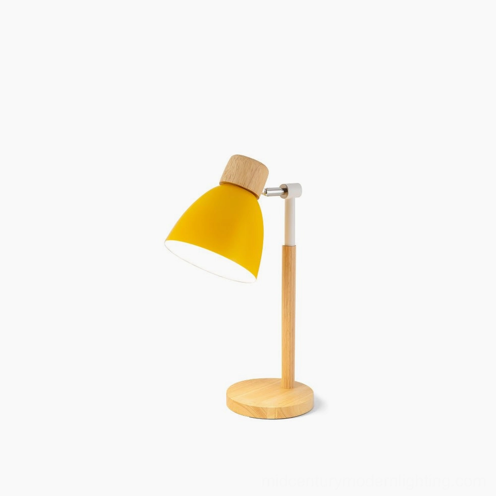 Natural wood tone Scandinavian table lamp showing wooden shade option and solid wood base construction detail