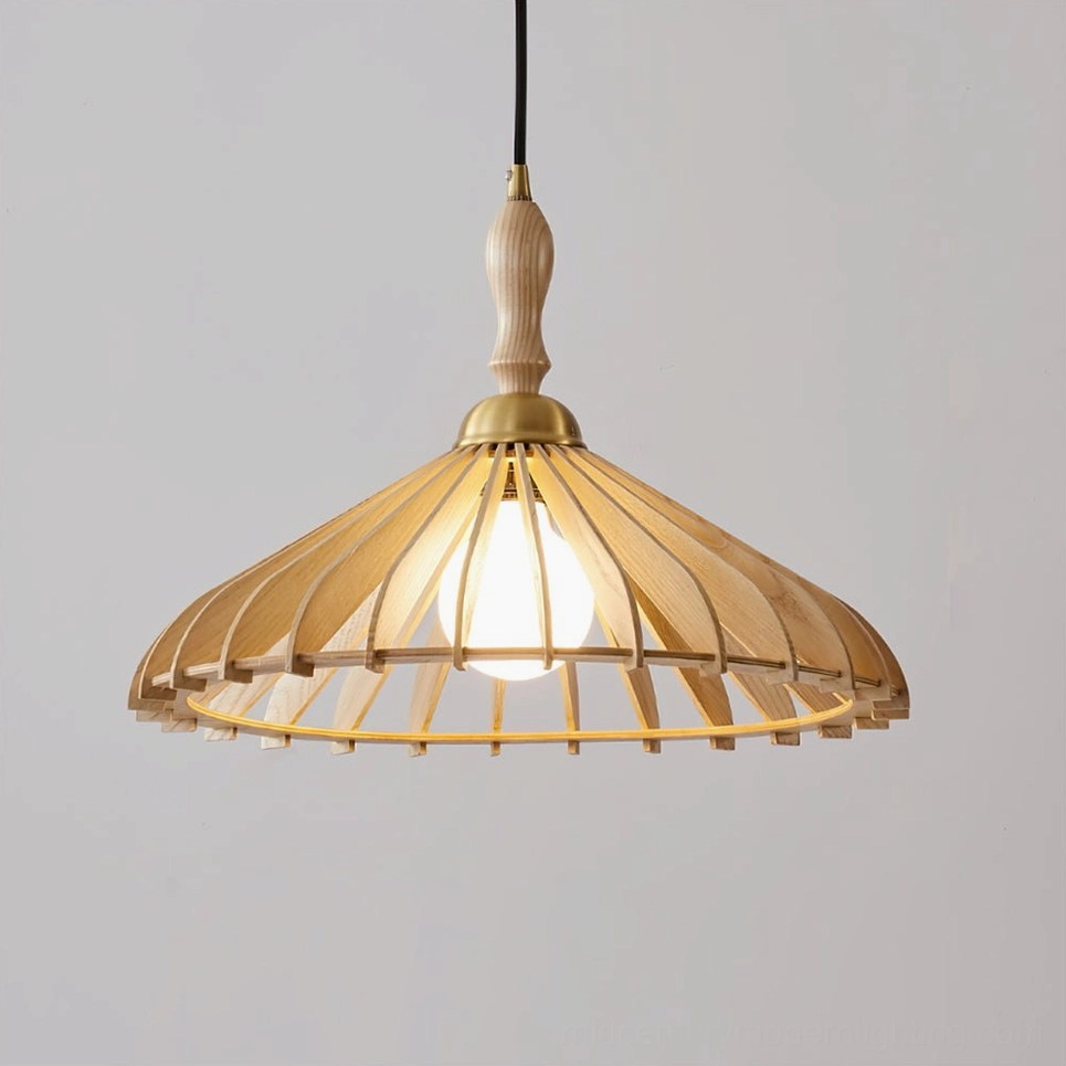 Light natural wood tone umbrella pendant lamp with brass accents in minimalist home setting
