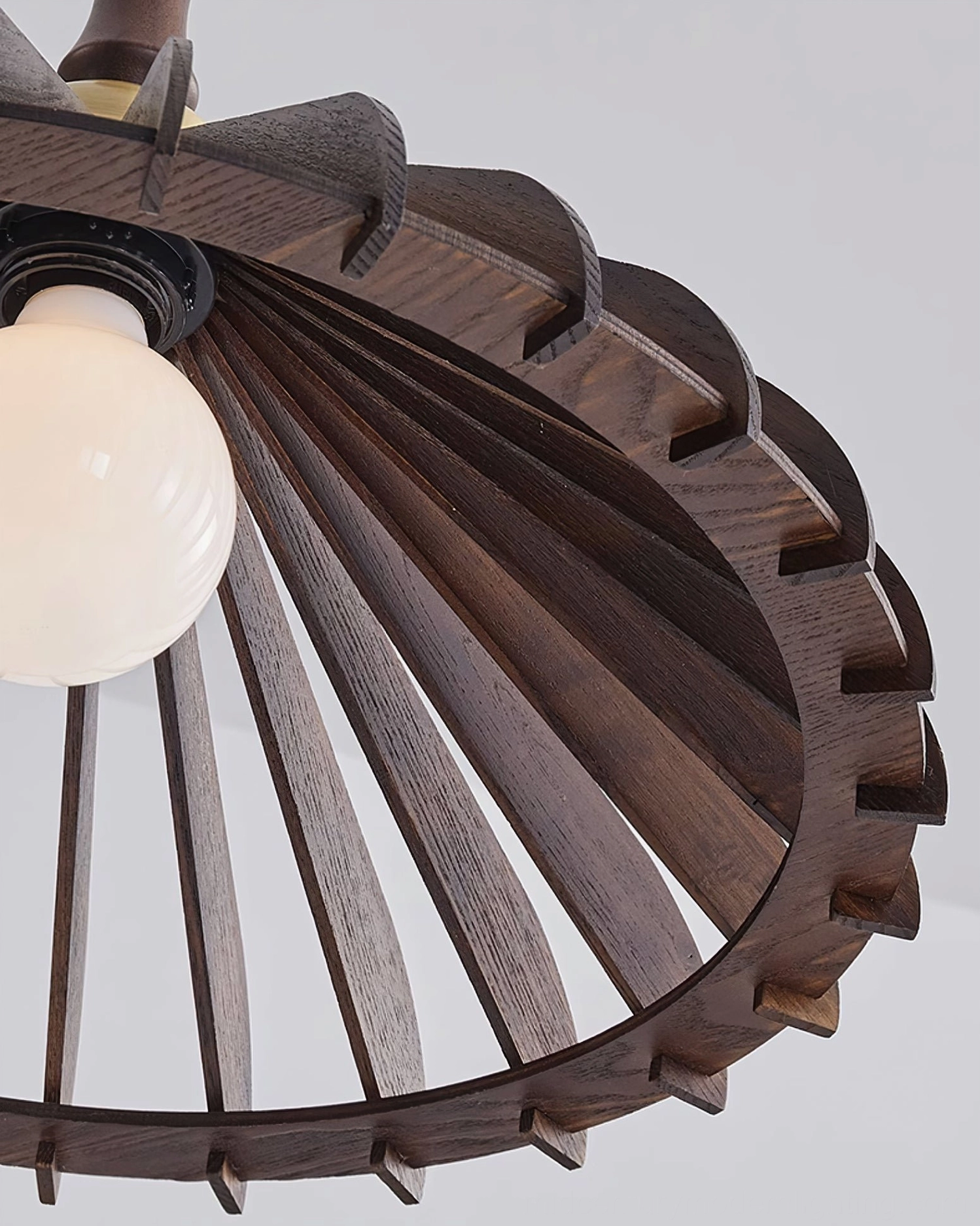 Natural wood umbrella pendant lamp demonstrating E26 E27 bulb compatibility and brass components