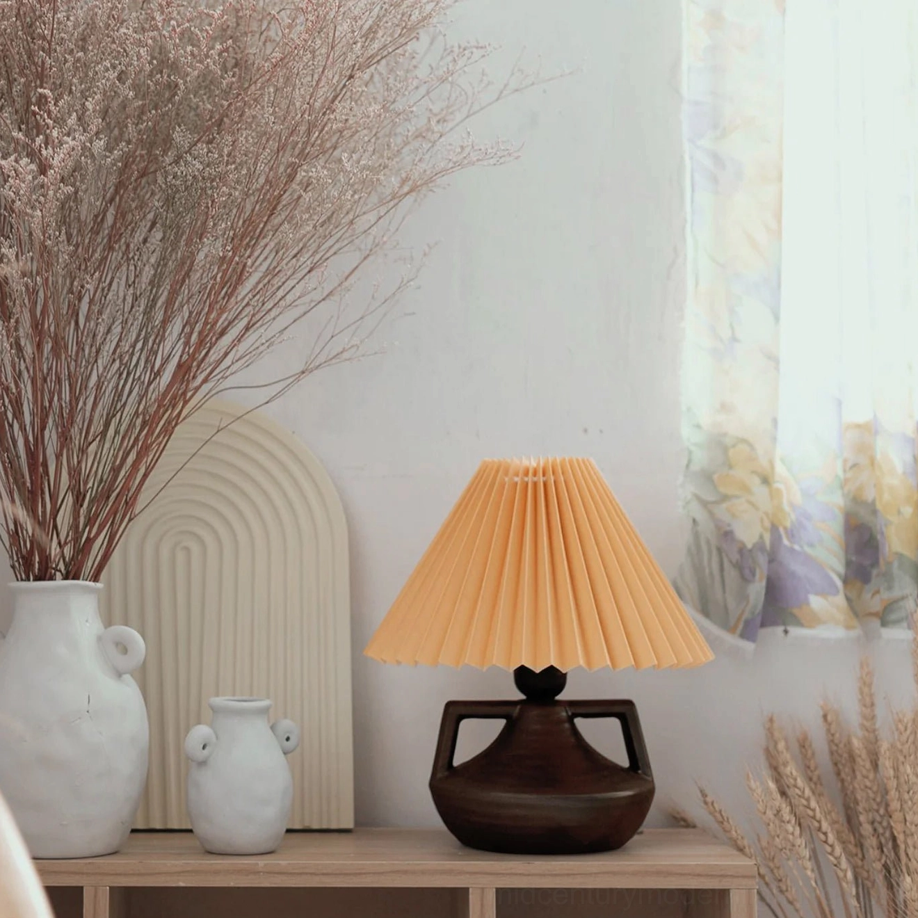 Navia pleated table lamp ceramic base and khaki fabric shade detail shot
