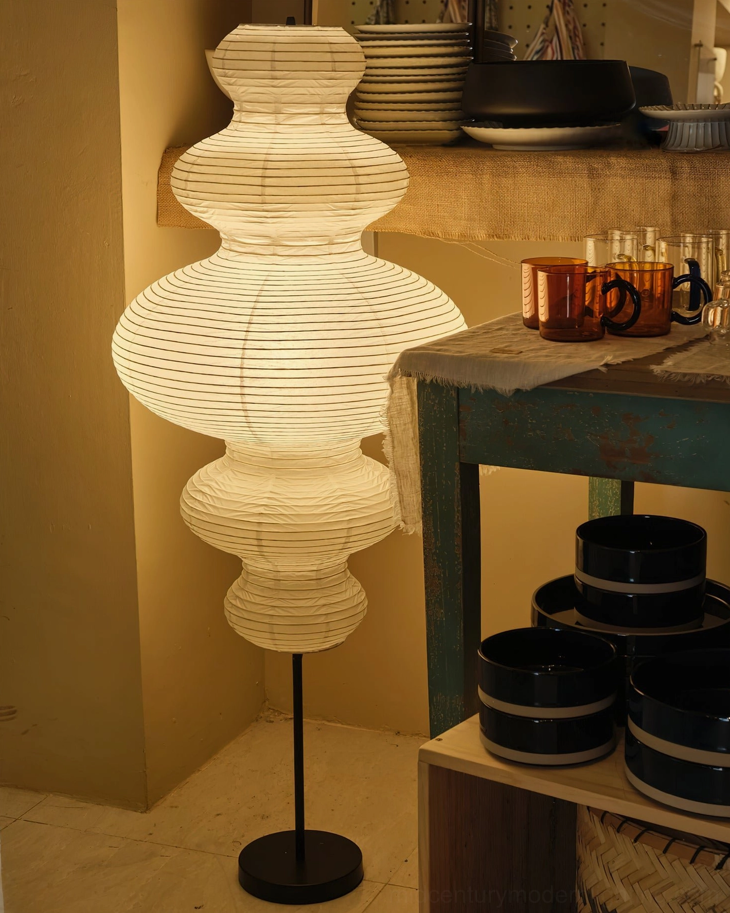 Neiko Japanese washi paper floor lamp product detail shot showing ribbed texture and paper craftsmanship