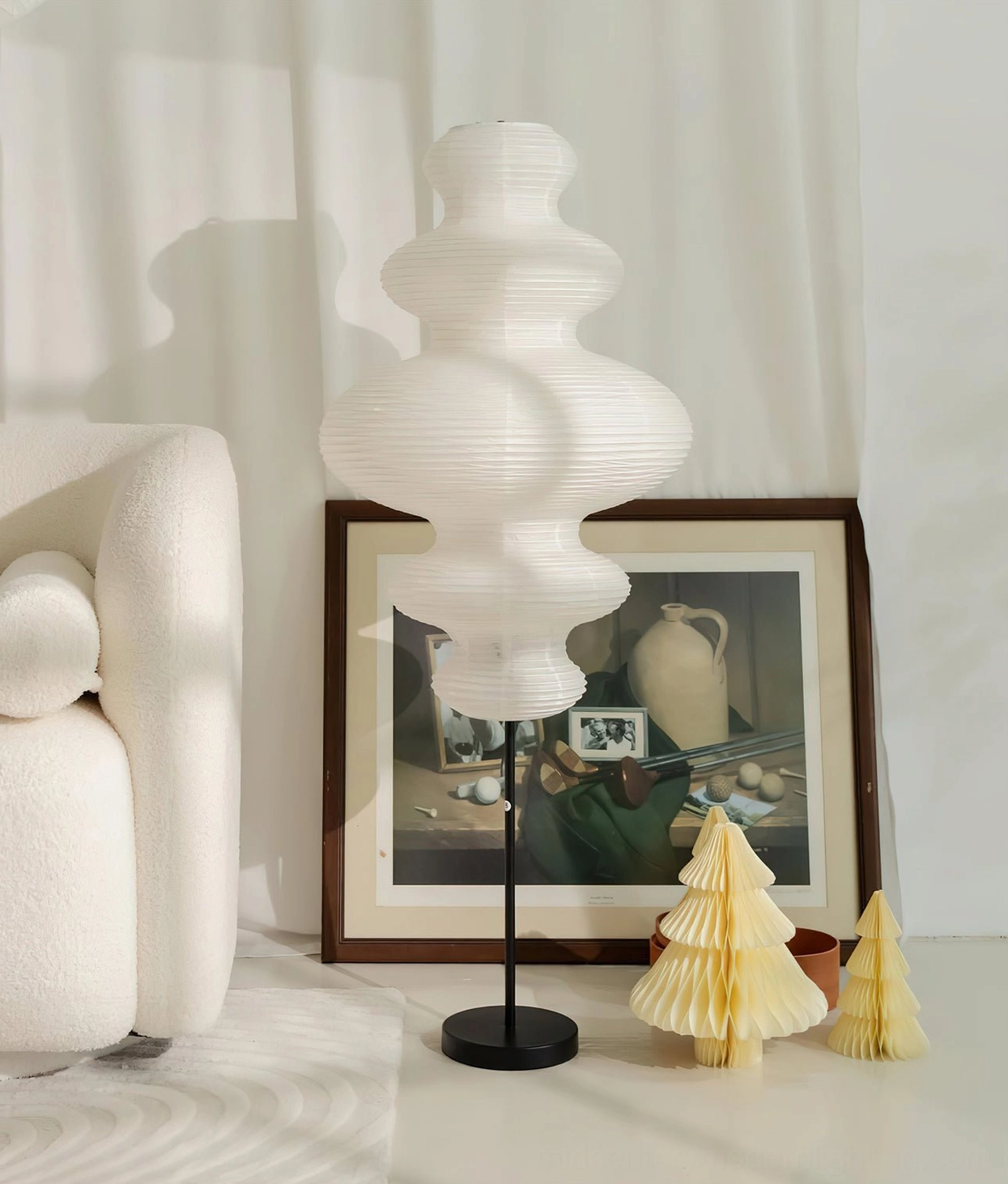 Neiko rice paper floor lamp minimalist art space three-quarter angle with paper craft ornaments