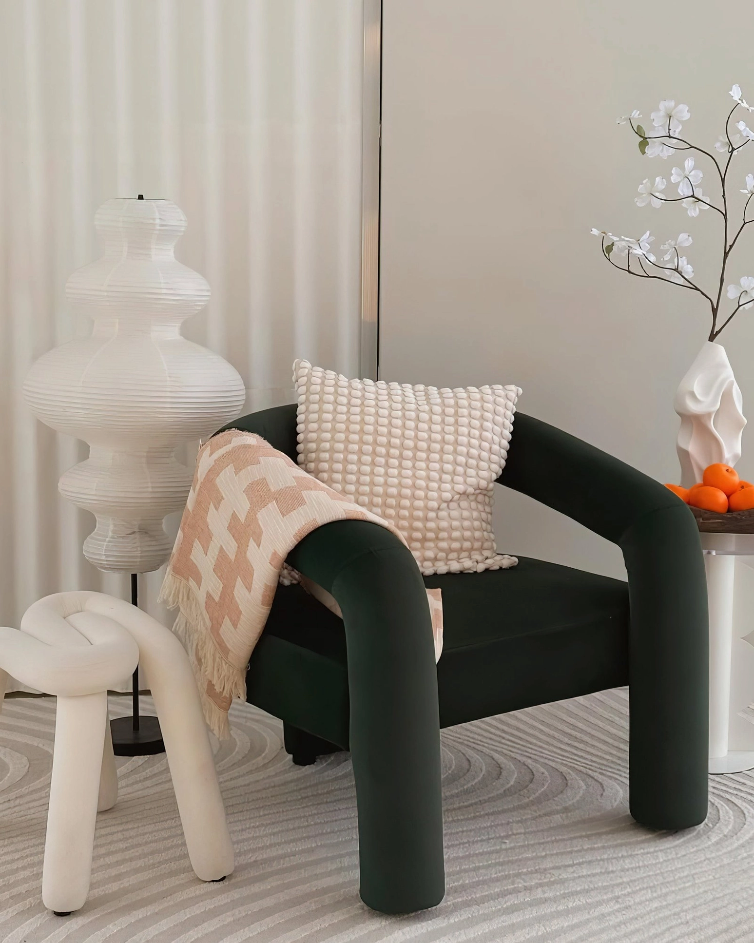 Neiko floor lamp corner placement in cozy armchair reading nook with knit throw pillows