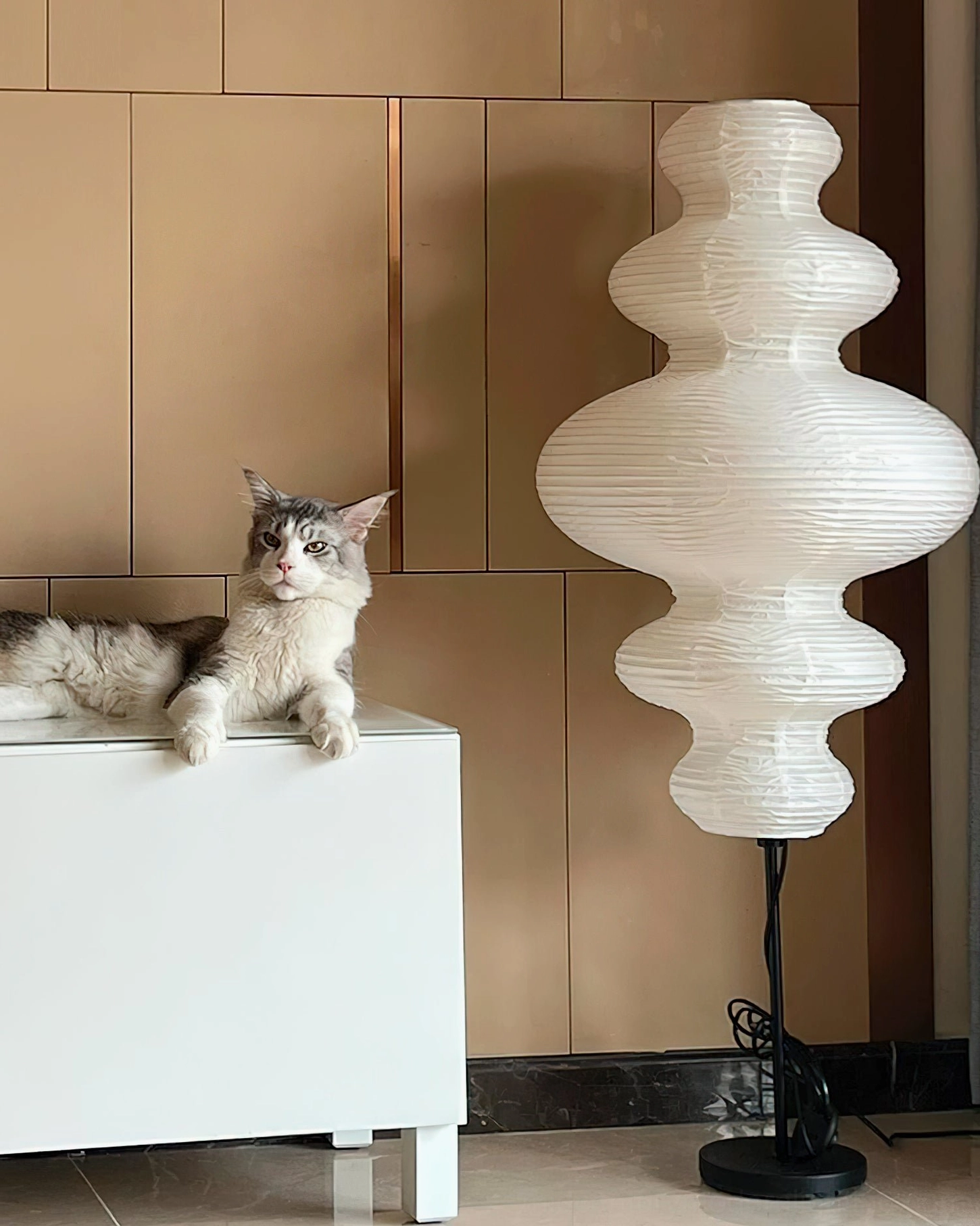 Neiko paper floor lamp white finish in contemporary minimalist living space with clean aesthetic