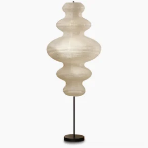 Neiko Japanese washi paper floor lamp frontal view on white background, minimalist wabi-sabi design