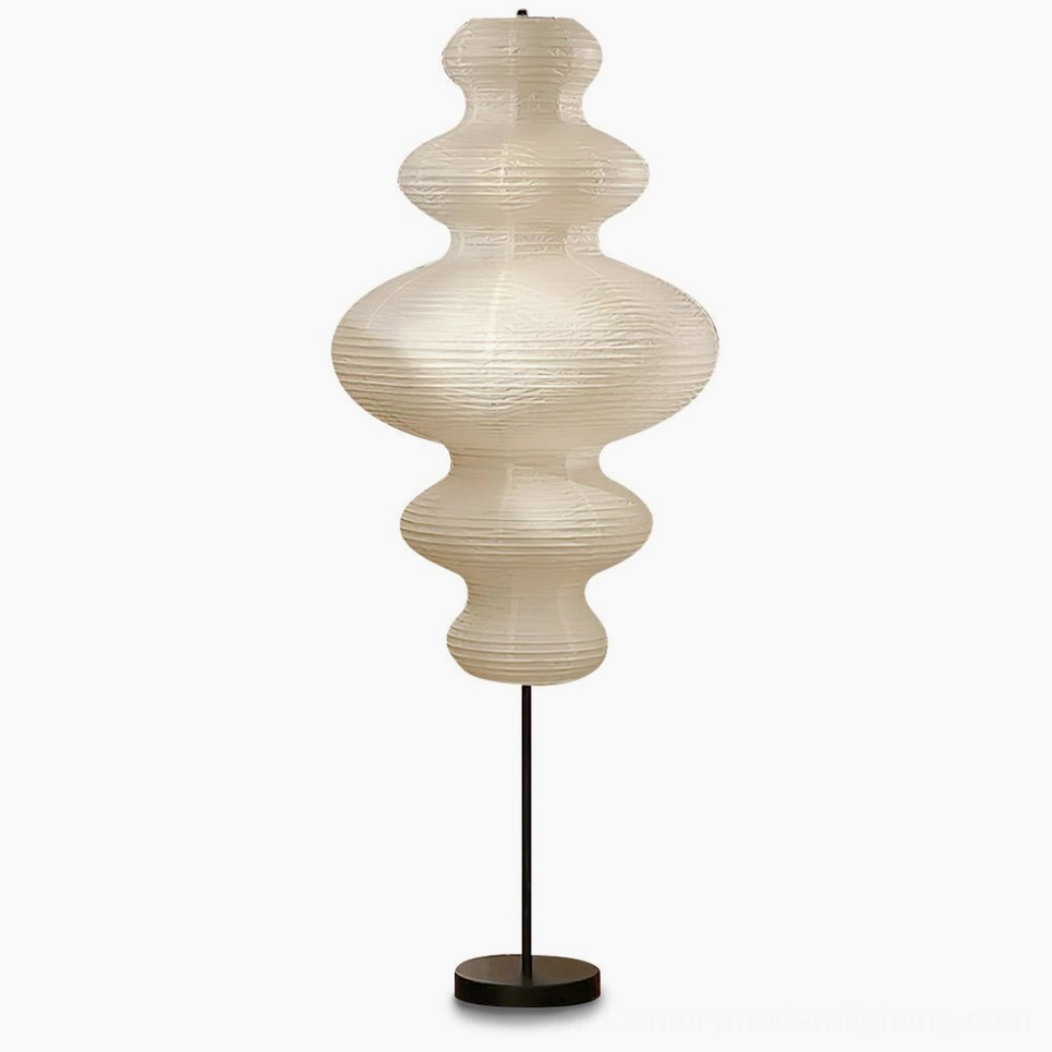 Neiko Japanese washi paper floor lamp frontal view on white background, minimalist wabi-sabi design