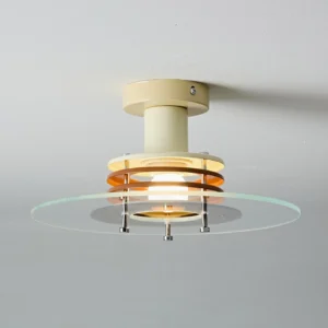 Nello semi-flush mount ceiling light with beige frame and amber layered glass, installed in modern ceiling interior
