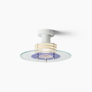 Nello mid-century modern ceiling lamp with white metal base and purple glass shade, frontal overhead view on studio background