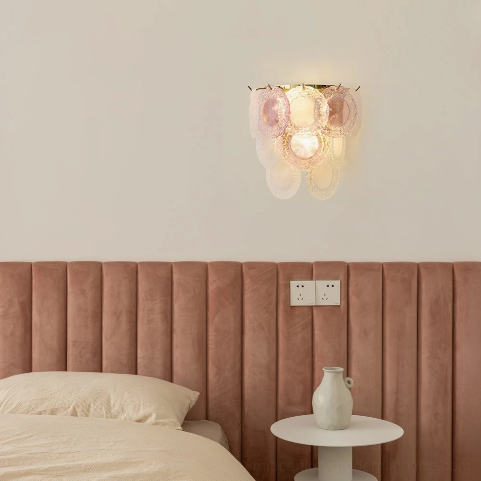 Nenufar wall lamp mounted on modern bedroom wall with tufted headboard, neutral warm home decor