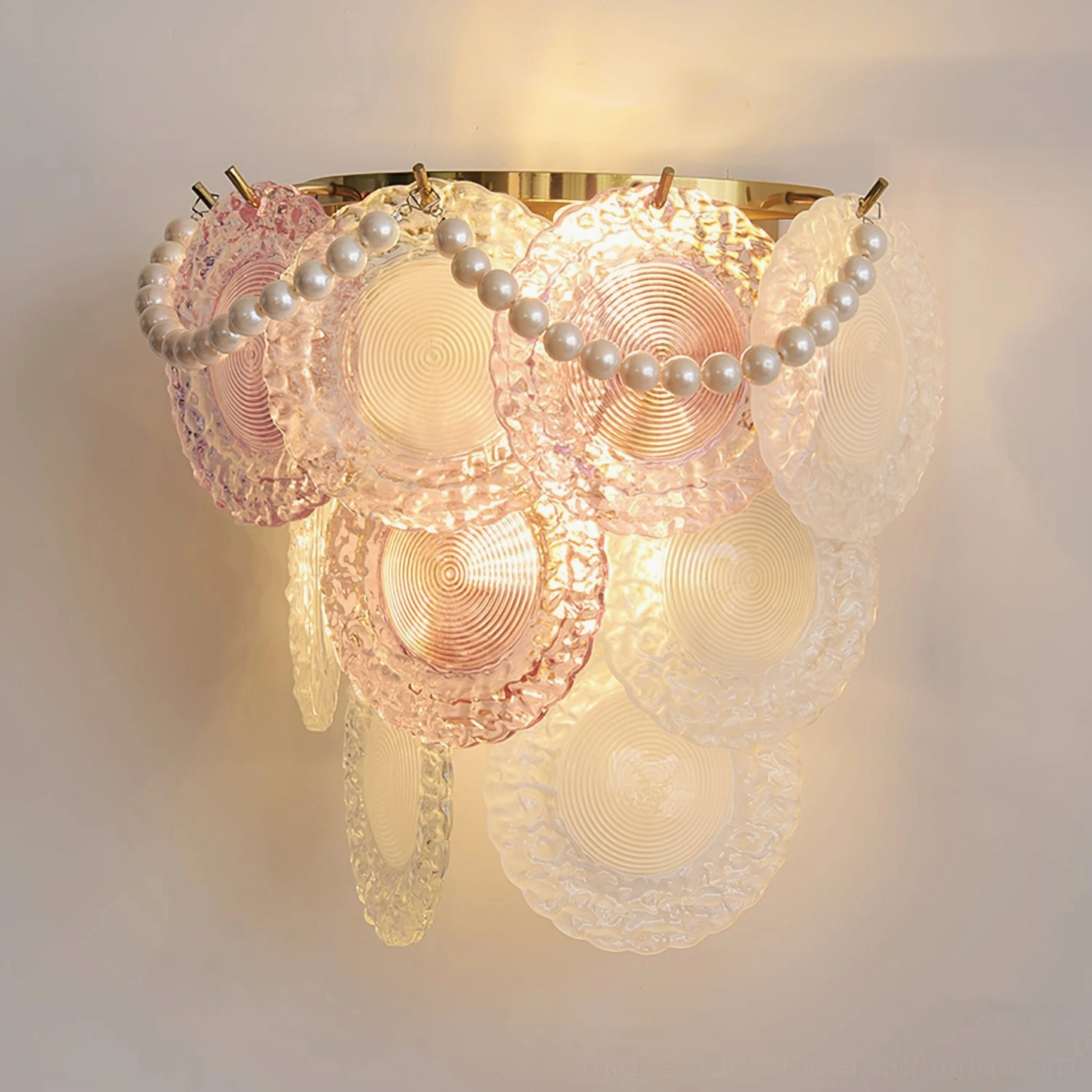 Romantic Nenufar wall lamp with pearl trim and gradient rippled glass in French mid-century modern style