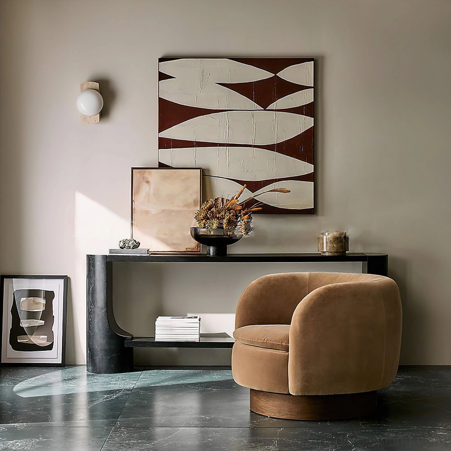 Neptune green marble wall sconce in minimalist living room with brown velvet accent chair