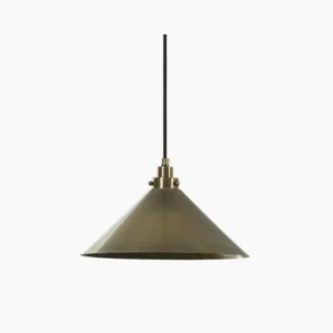 Nerissa conical brass pendant light, product photography on white background, mid-century modern fixture with tapered shade