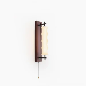 Nesta wavy glass wall sconce with dark walnut finish and brushed metal gooseneck arm mounted on minimalist white wall