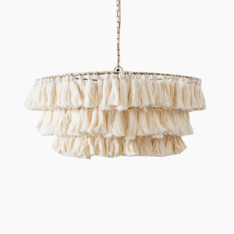 Off-white layered tassel pendant displaying neutral bohemian elegance in contemporary interior space