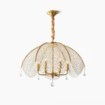Neville brass crystal chandelier front view with cascading glass beads and brass frame on white background