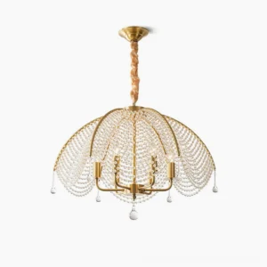 Neville brass crystal chandelier front view with cascading glass beads and brass frame on white background