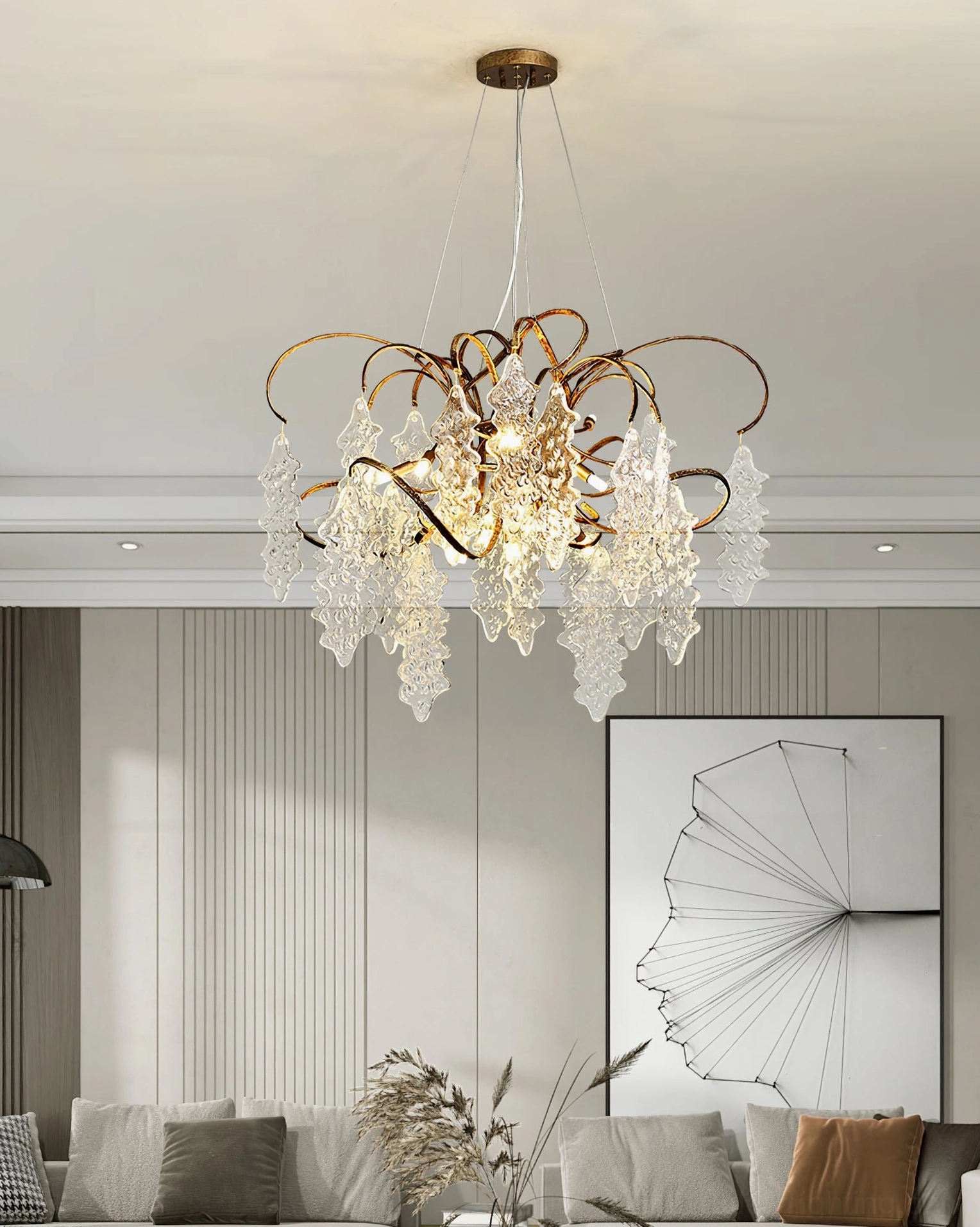 Niagara Chandelier viewed from below in modern minimalist living room showing upward perspective lighting
