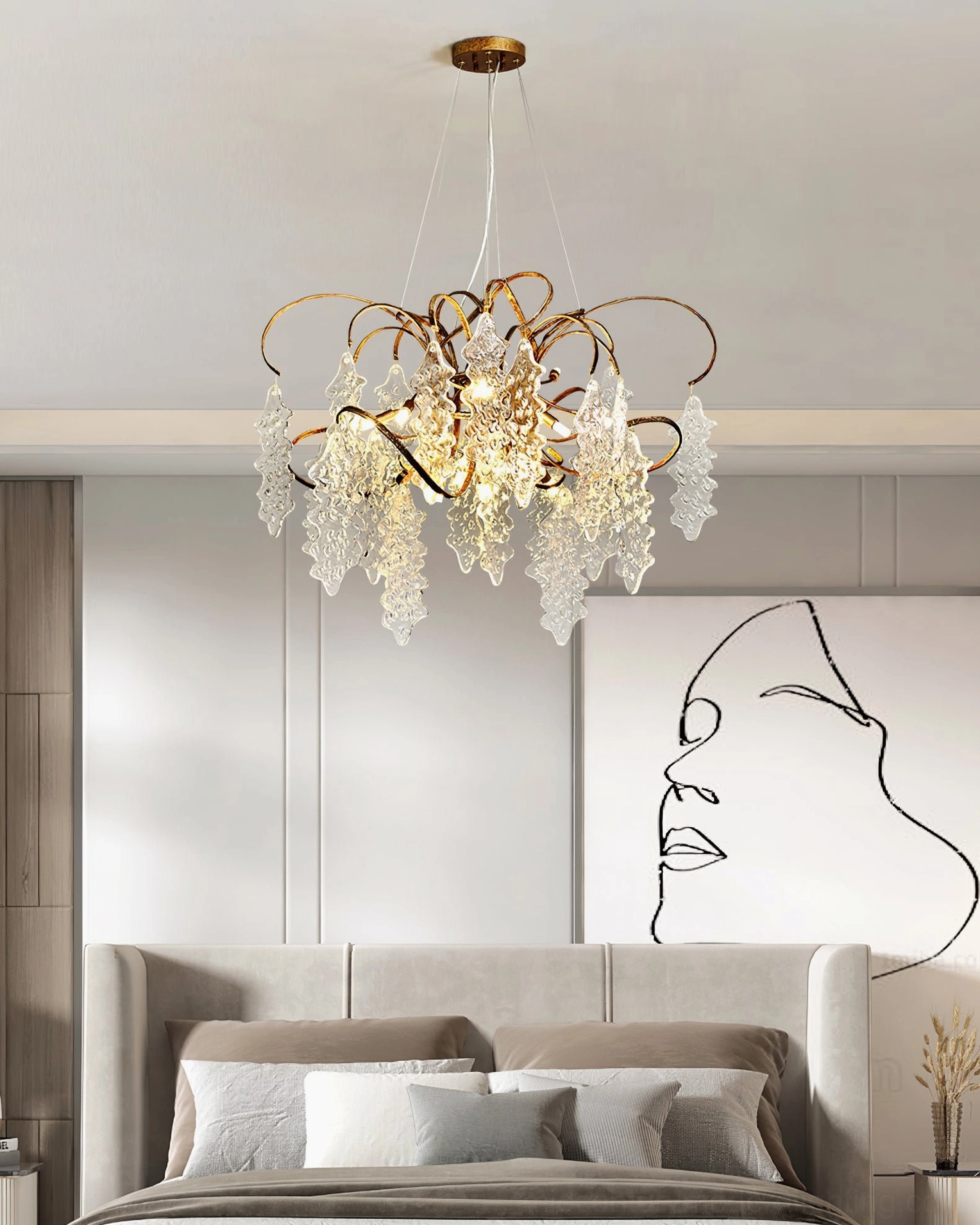 Niagara Glass Chandelier in contemporary home interior showing warm copper brass patina