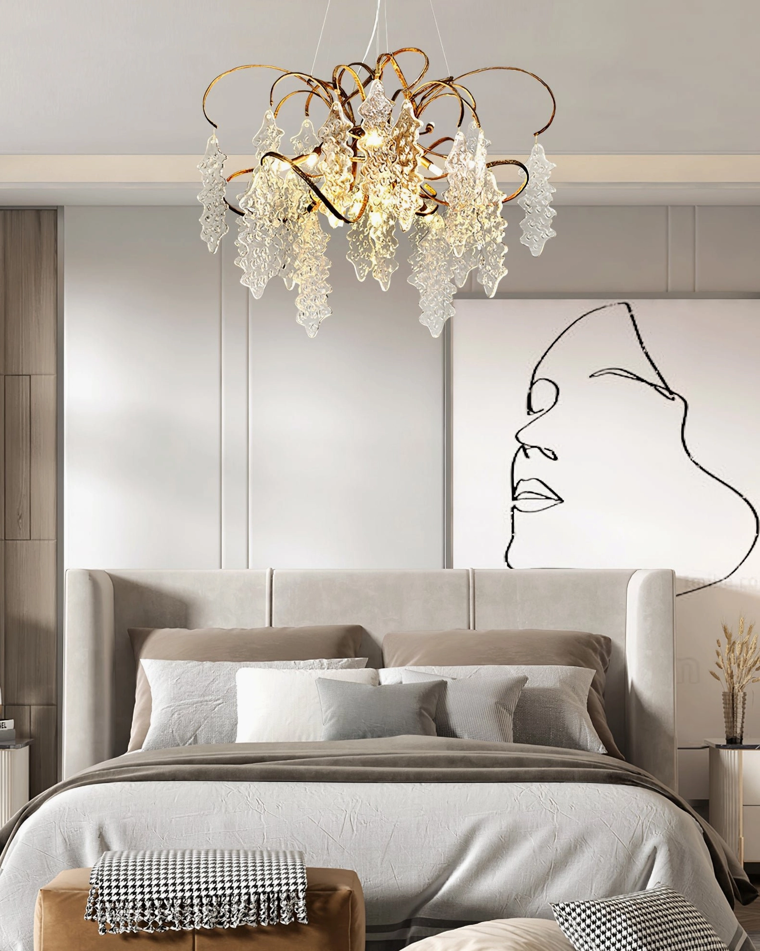 Niagara Mid-Century Modern Chandelier in residential setting showing warm illumination and brass