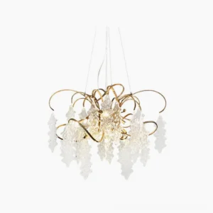 Niagara Round Chandelier front view with curved brass frame and clear glass pendants in studio lighting