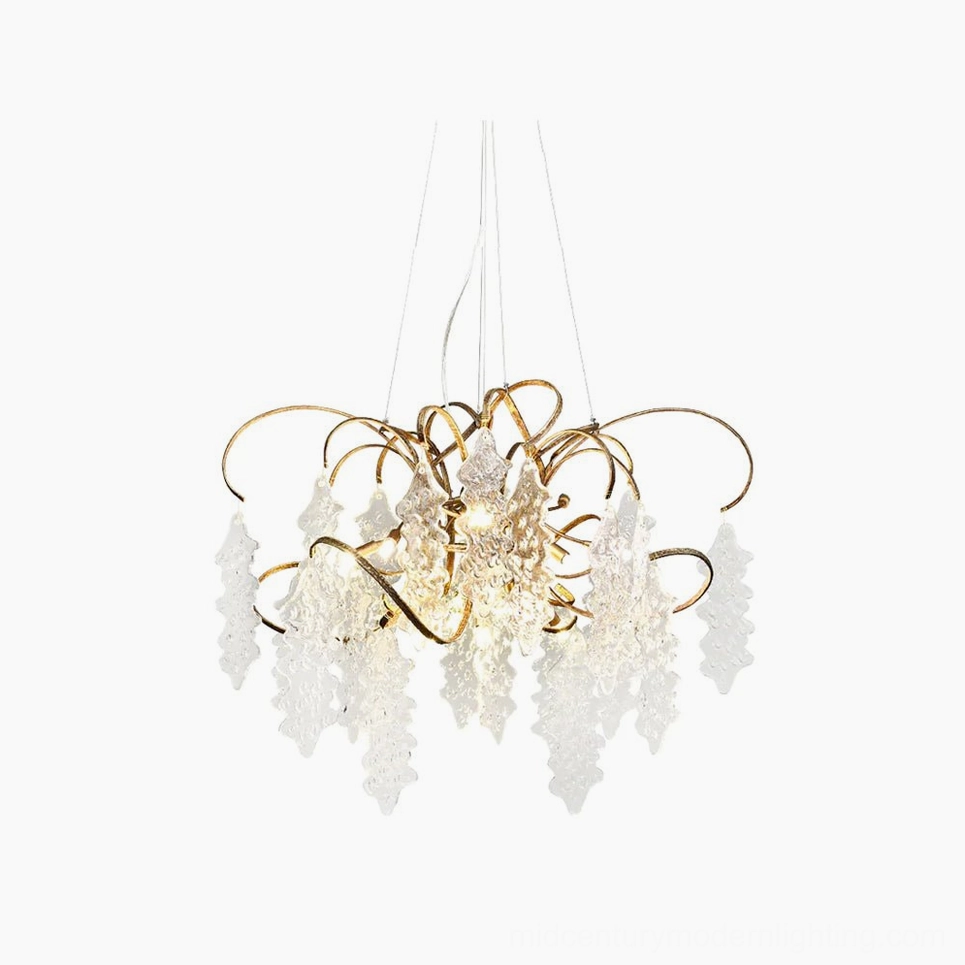 Niagara Round Chandelier front view with curved brass frame and clear glass pendants in studio lighting