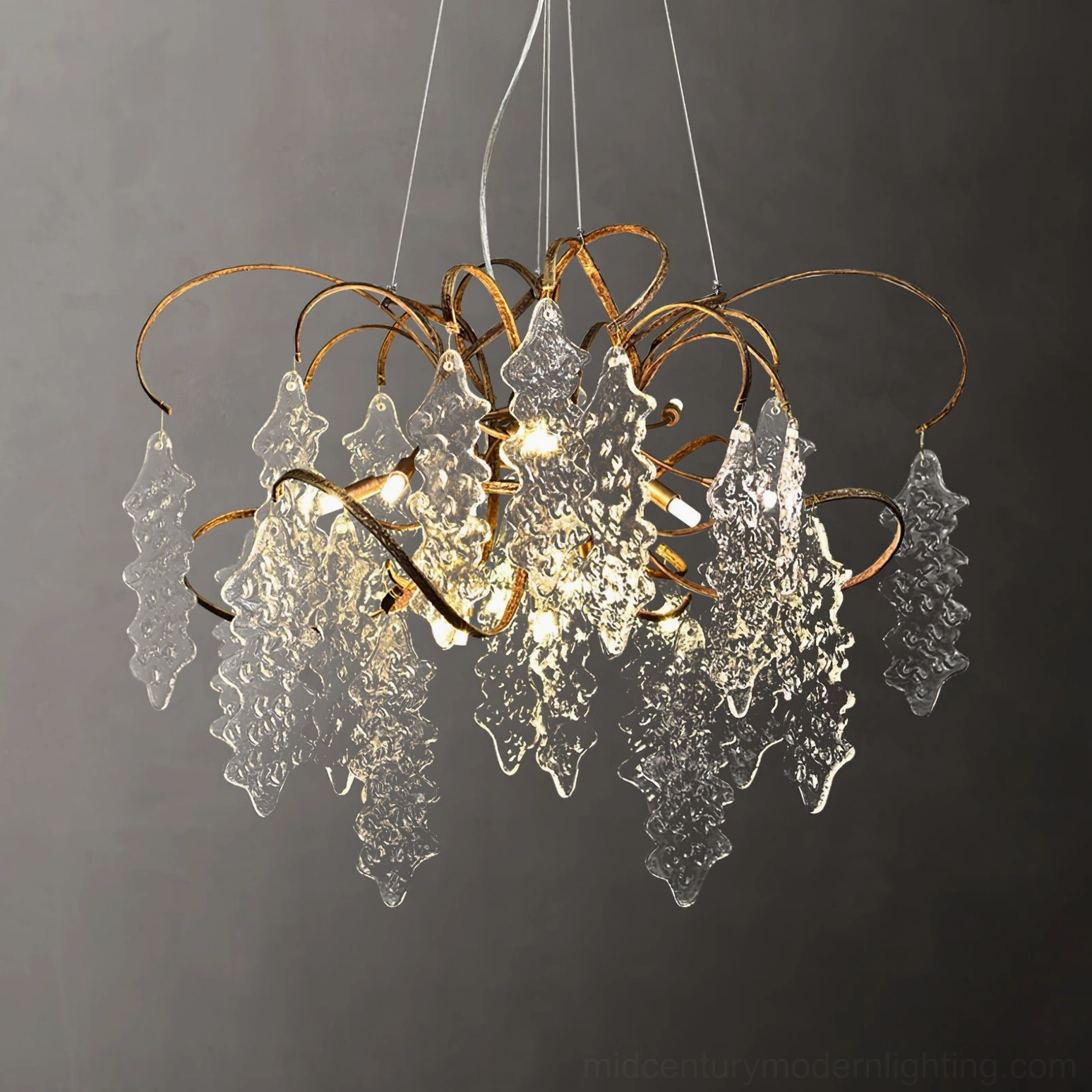 Niagara Round Chandelier three-quarter angle view featuring swirled brass and textured glass pendants