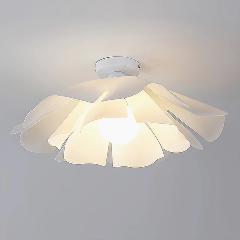 Nightbloom flush mount ceiling light with illuminated Edison bulb, showcasing warm glow through frosted acrylic petals