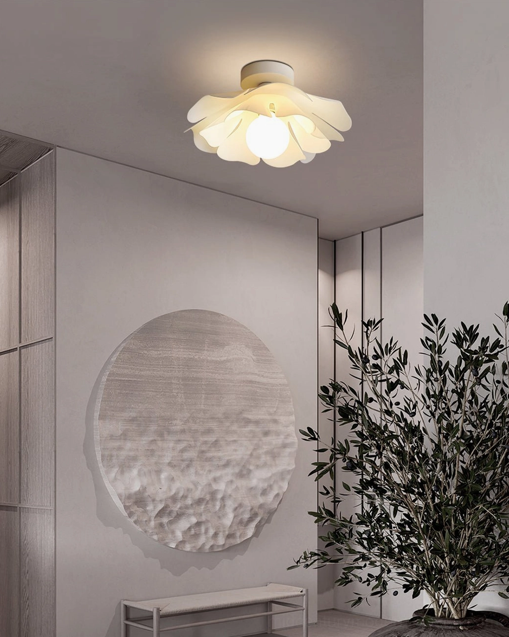 Compact Nightbloom petal ceiling lamp in minimalist hallway, warm ambient lighting on ceiling corner