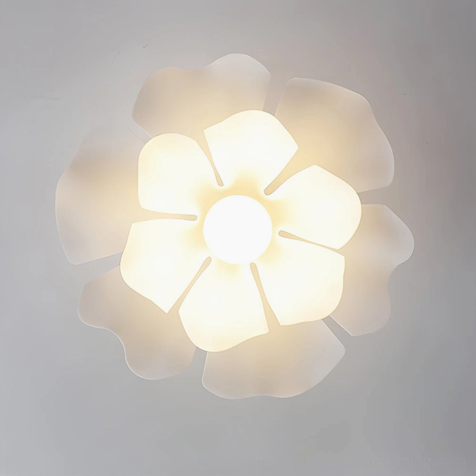 Nightbloom modern ceiling lamp top-down view showing fully bloomed flower petal design and matte white finish
