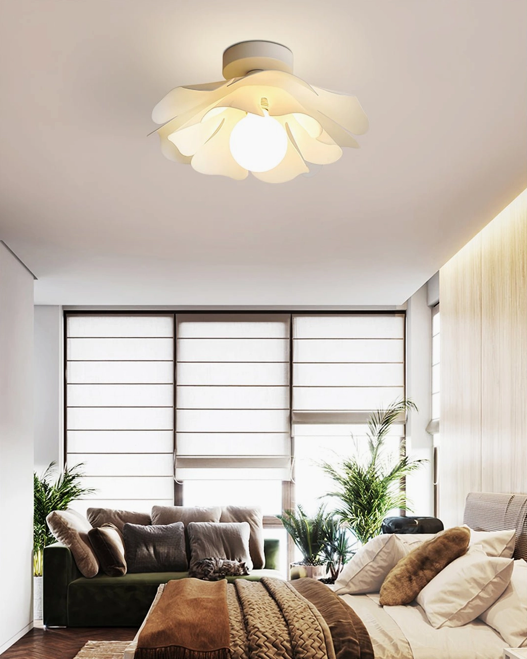 Nightbloom flower ceiling light in bright contemporary living room with large windows and natural light