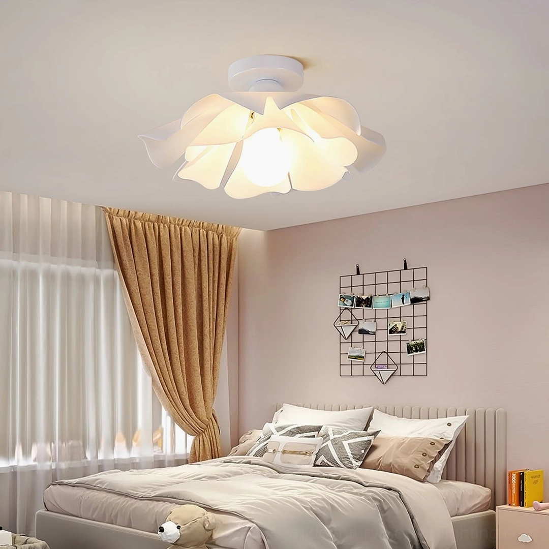 Nightbloom Model A compact ceiling lamp with frosted white acrylic petals and metal frame assembly