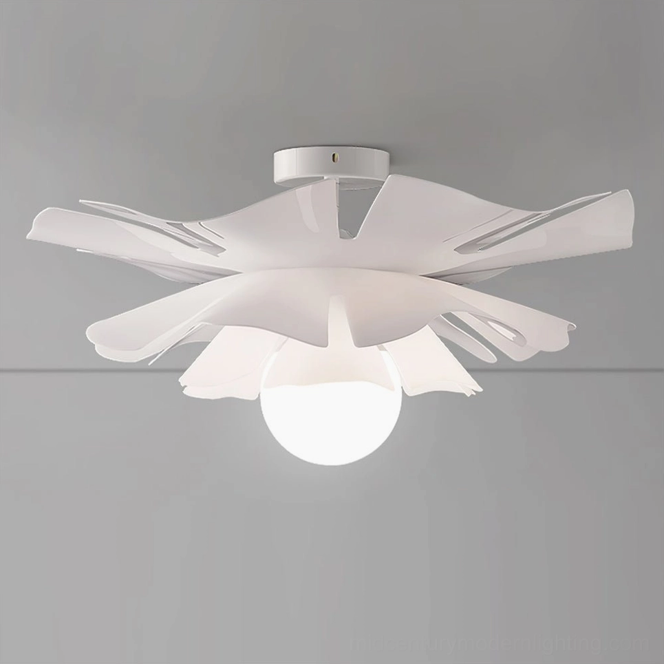 Nightbloom double-layer acrylic petal ceiling lamp with exposed spherical bulb, flat wall background