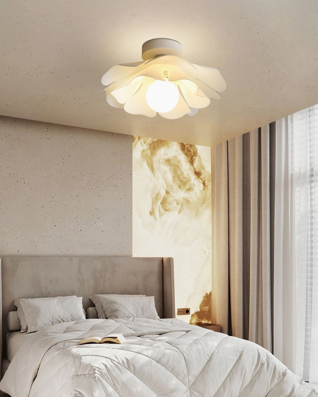 Nightbloom neutral white ceiling lamp in calm minimalist bedroom interior, soft overhead illumination