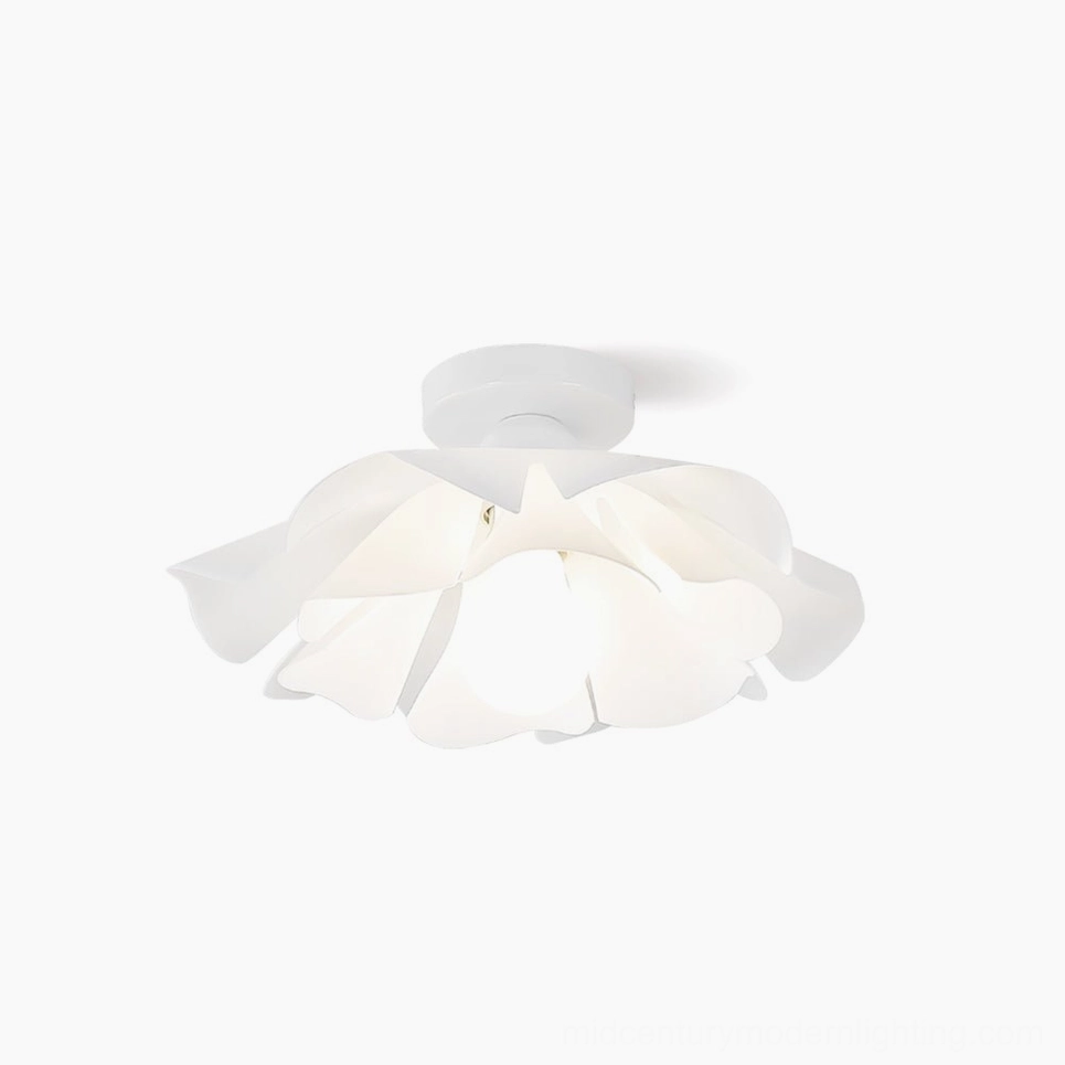 Nightbloom petal ceiling lamp in white acrylic, front overhead view showing layered floral form