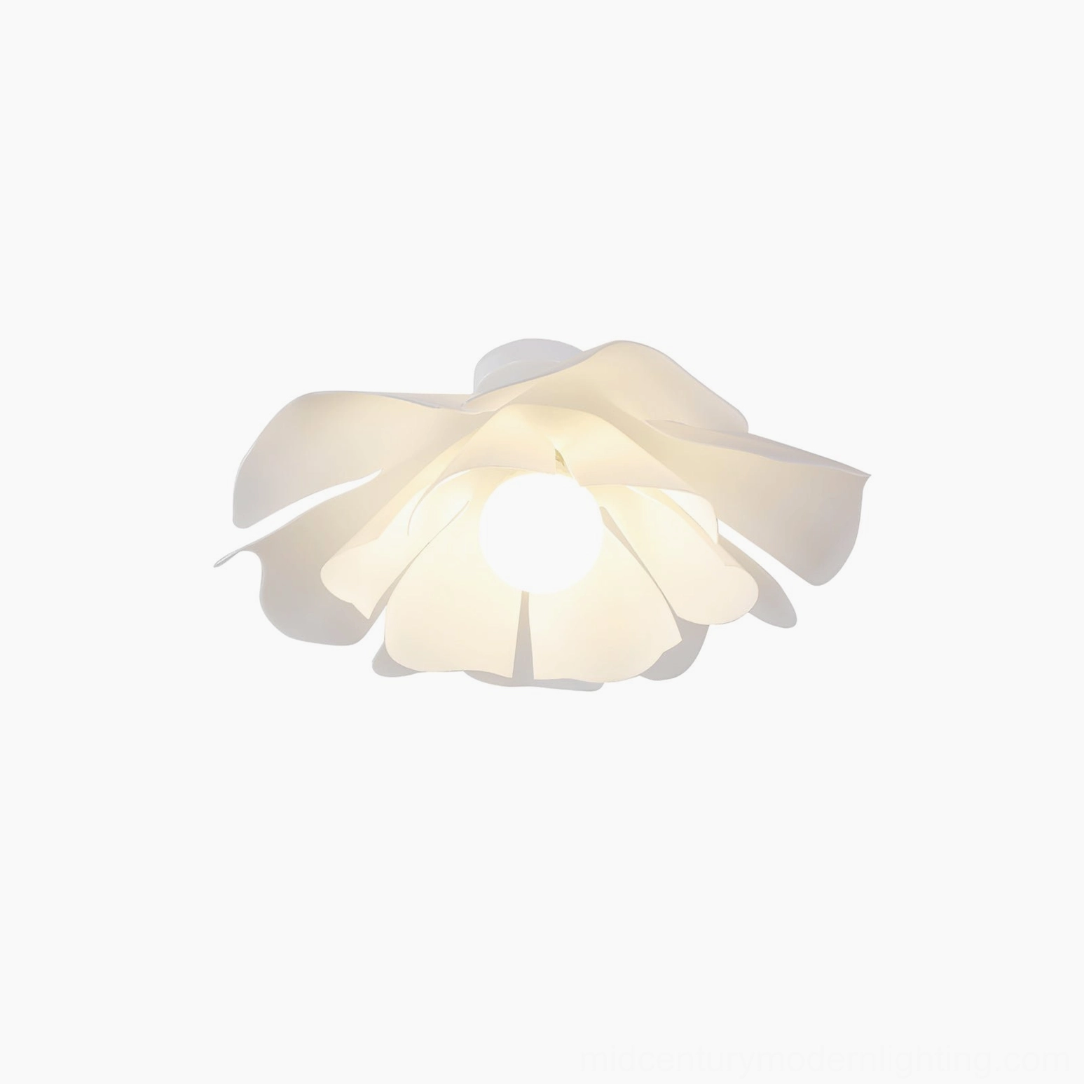 Nightbloom petal ceiling fixture minimalist design, pure white studio background showcase