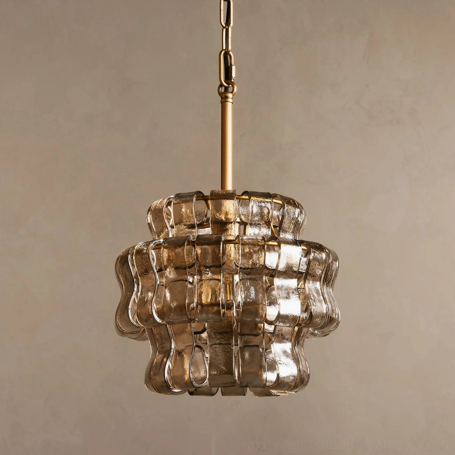 Unlit Nirsa pendant with smoky brown rippled glass and brass metal hardware