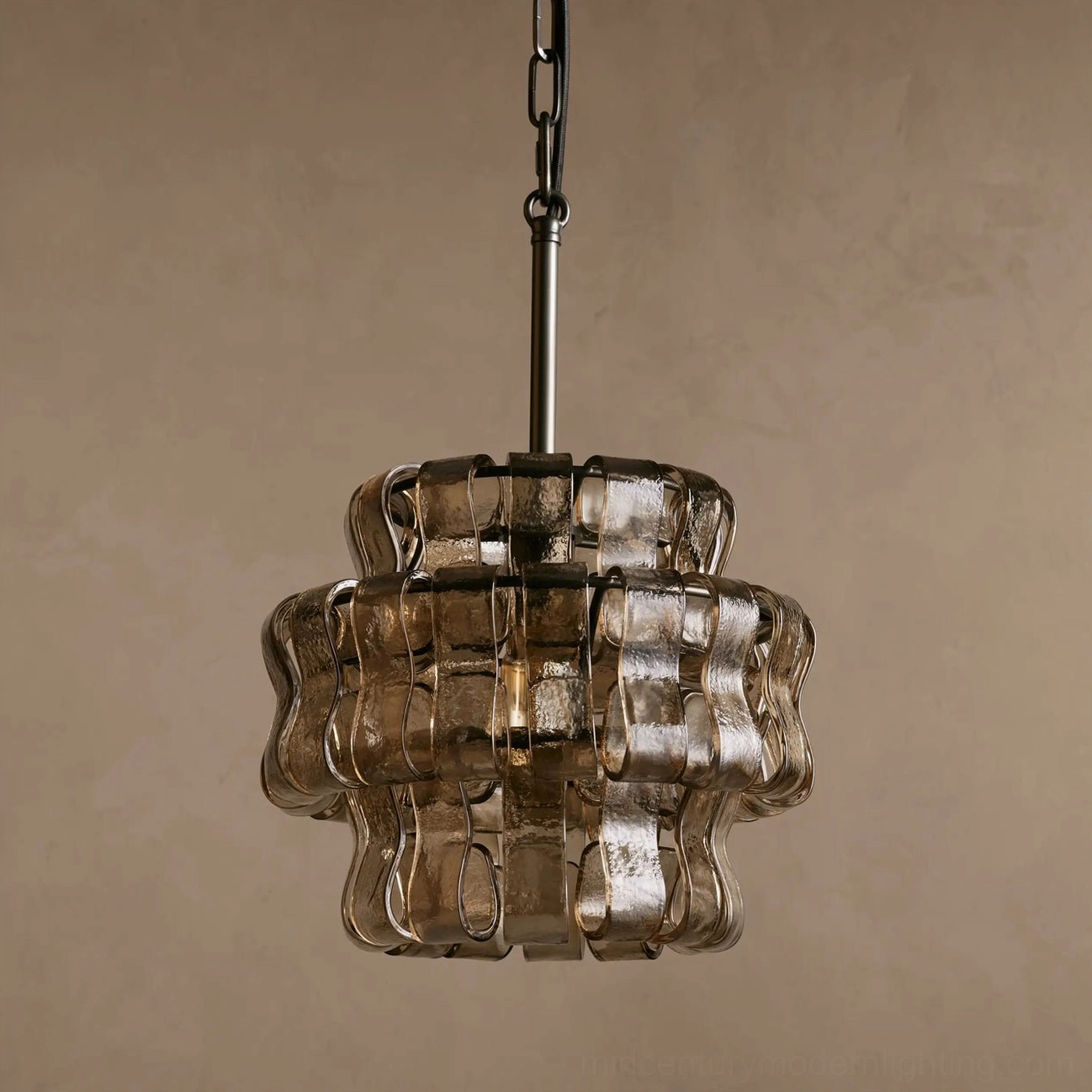 Smoky gray textured glass Nirsa pendant light with dark bronze hardware tiered silhouette