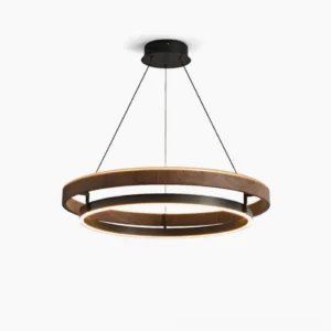 Niseko double-ring pendant light overhead detail shot showing walnut grain paper and black metal design