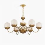 Noemie 6-light mid-century modern brass chandelier with frosted glass petal-shaped shades, studio frontal view on white background