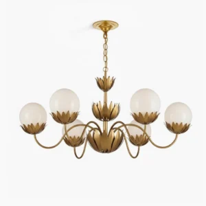 Noemie 6-light mid-century modern brass chandelier with frosted glass petal-shaped shades, studio frontal view on white background
