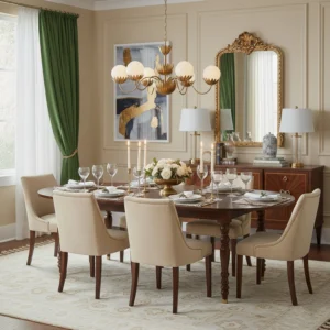 Noemie brass chandelier installed in formal dining room with neutral decor, eye-level shot showcasing warm brass finish