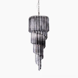 Noir spiral chandelier with precision-cut smoke gray glass tiers, front studio view showing geometric cascade design